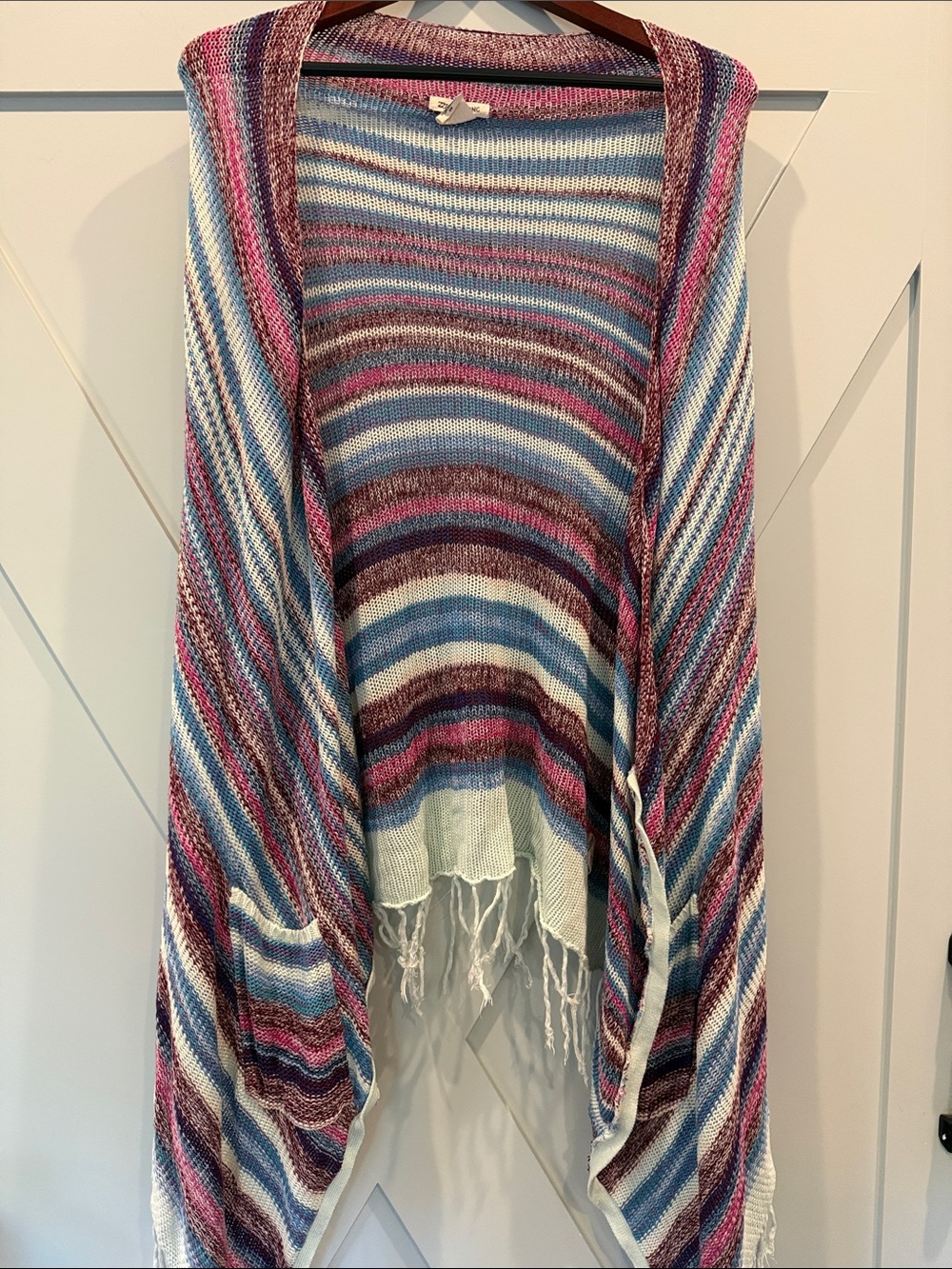 Billabong Striped Fringe Open-Front Poncho in Blue, Pink, White
